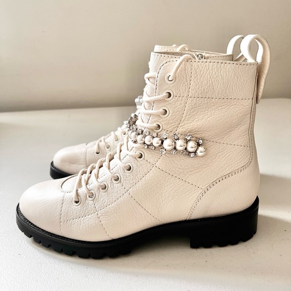 Worn Once Jimmy Choo Calf Skin Crystal Embellished Cruz Combat Boots White Sz 37 - Picture 3 of 12